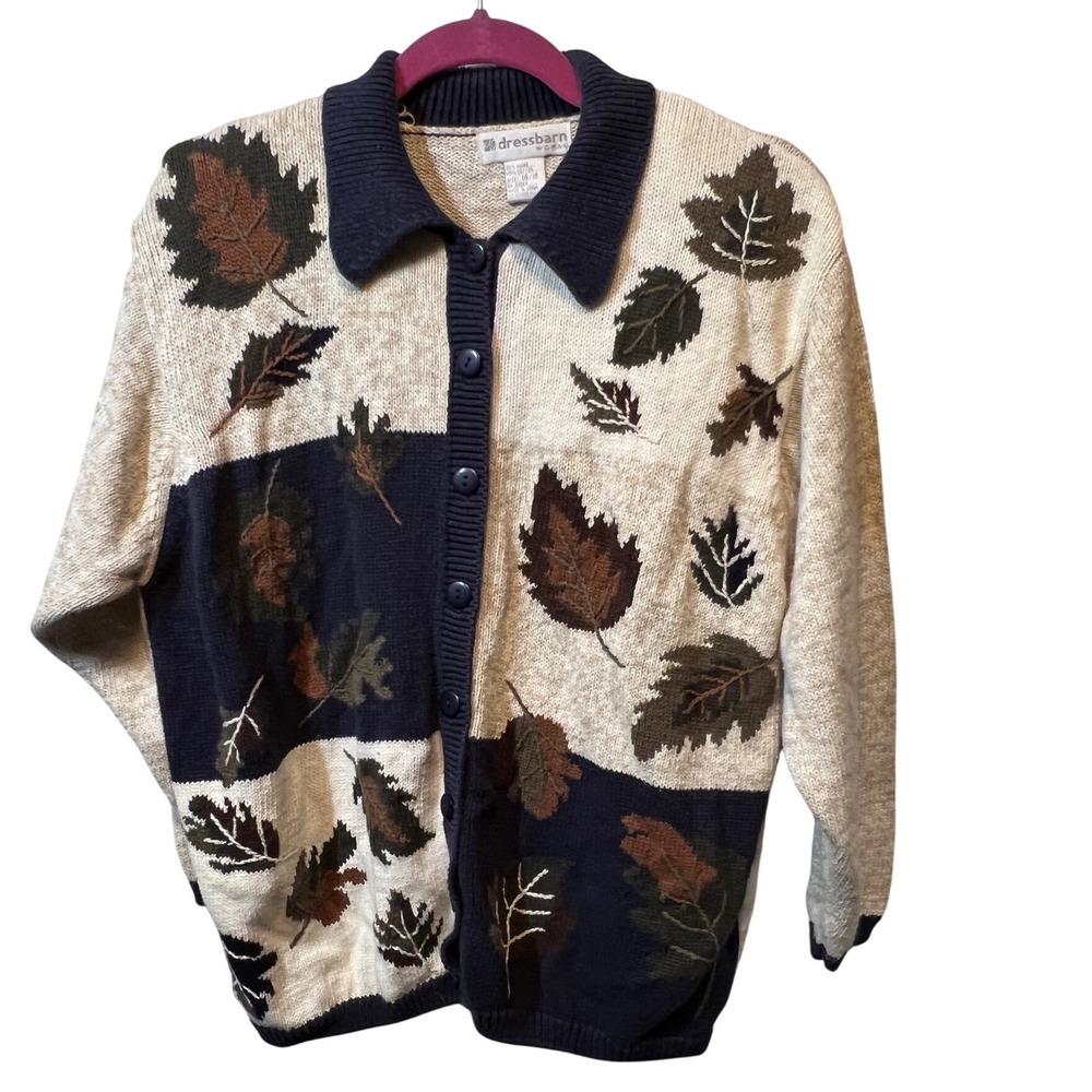 Dressbarn Sweater Women's  Size 14 16 Knit Beige Navy‎ Leaf Print Button Front